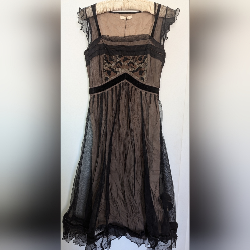 Black and Brown Midi Dress with Square Neck and Flutter Sleeves By Nataya